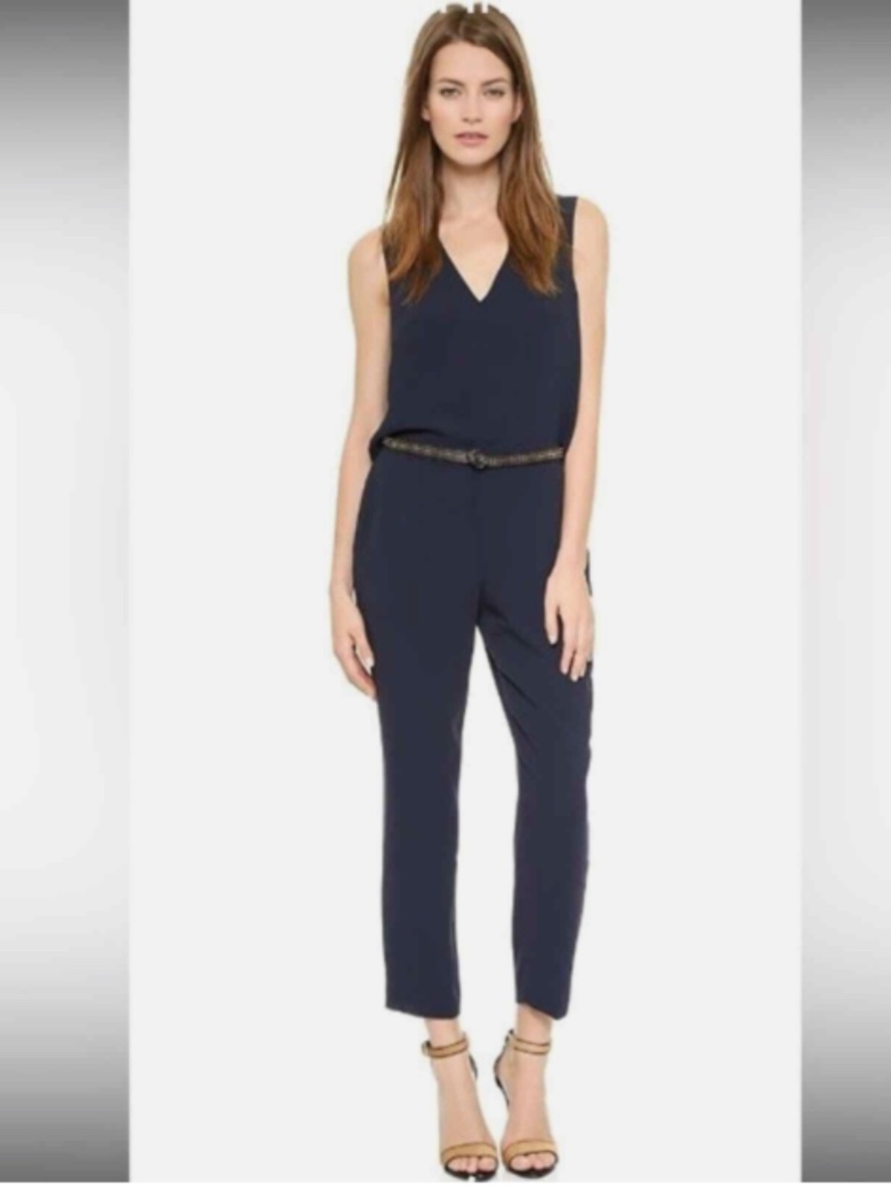 Club Monaco Crepe V-Neck Open Back Jumpsuit (BLACK)